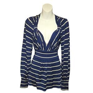 Tracy Reese Womens S Top Striped Stretch Plunge Neck Tie Back Nautical Babydoll